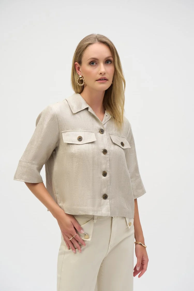 JOSEPH RIBKOFF FOILED LINEN BLEND SHORT SLEEVE BOXY JACKET