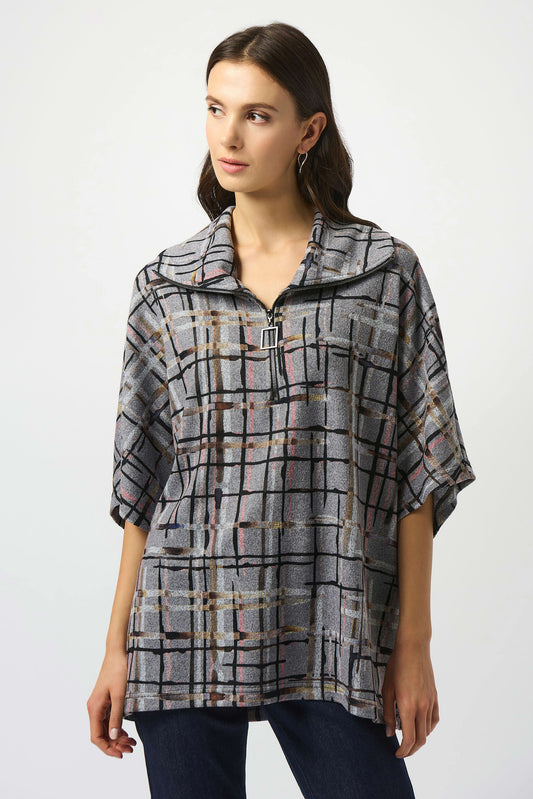 JOSEPH RIBKOFF SWEATER KNIT PLAID PRINT BOXY TOP