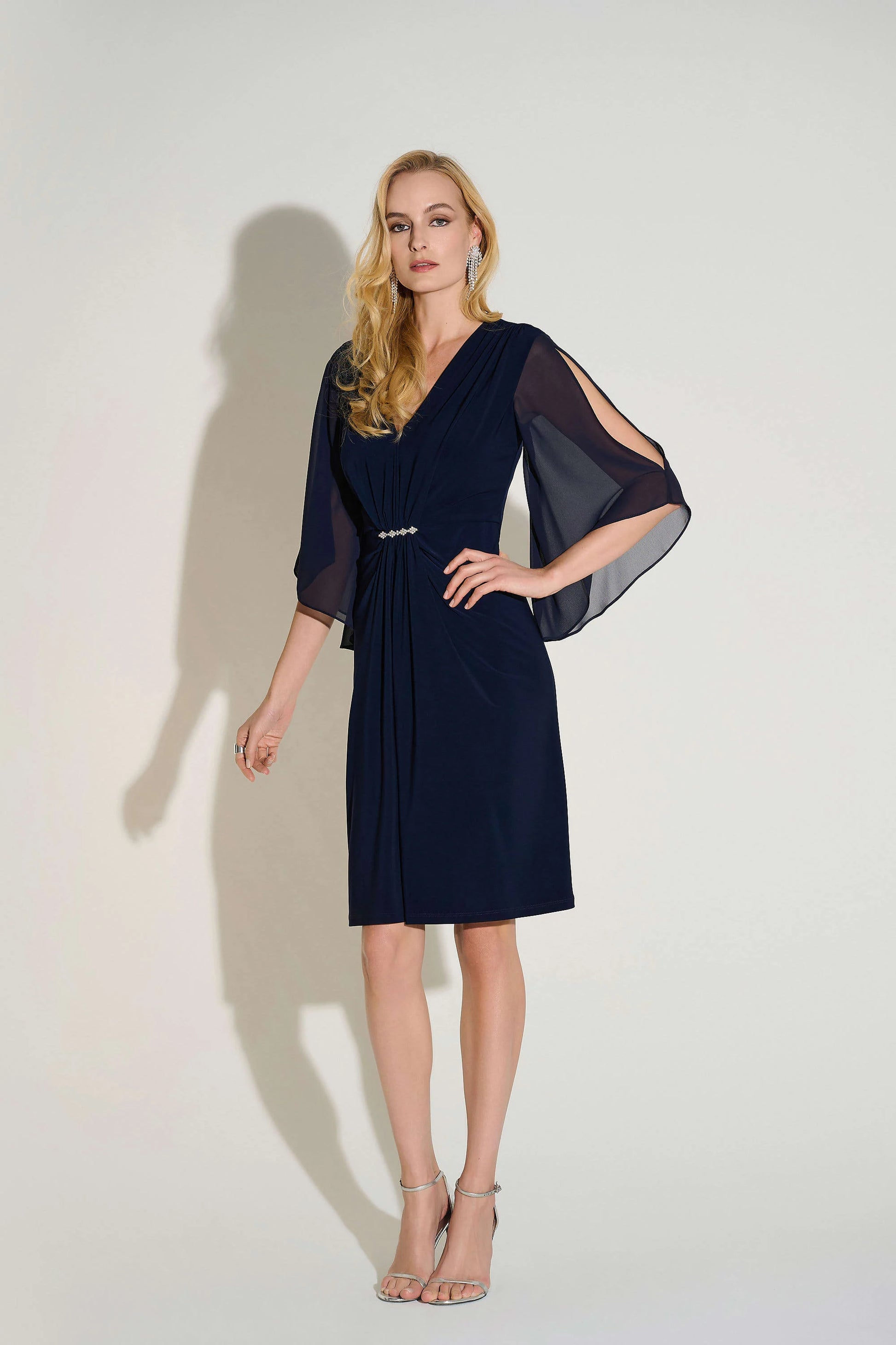 Joseph Ribkoff Silky Knit & Chiffon Sheath Dress Style 253728 Midnight Blue / 6 Joseph Ribkoff Silky Knit & Chiffon Sheath Dress Style 253728 Midnight Blue / 6