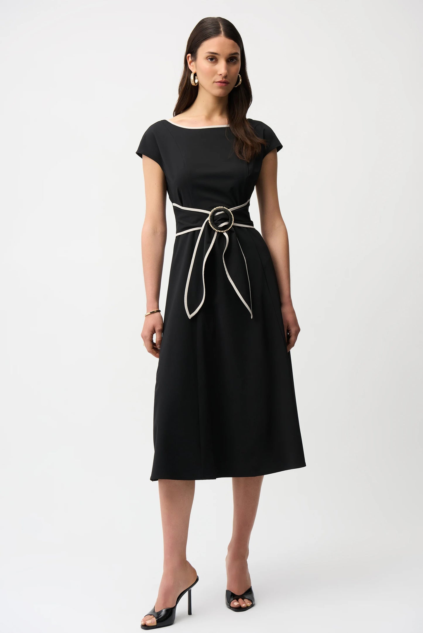 JOSEPH RIBKOFF STRETCH WOVEN COLOR BLOCK FIT AND FLARE DRESS WITH SASH