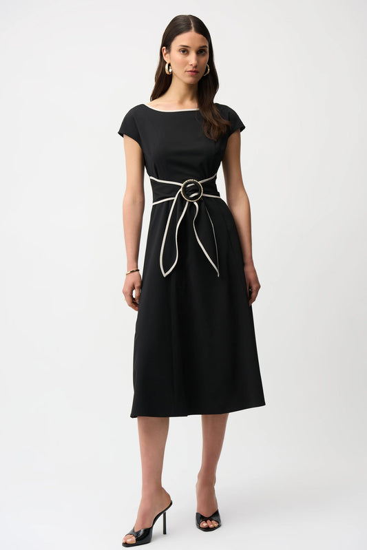 JOSEPH RIBKOFF STRETCH WOVEN COLOR BLOCK FIT AND FLARE DRESS WITH SASH