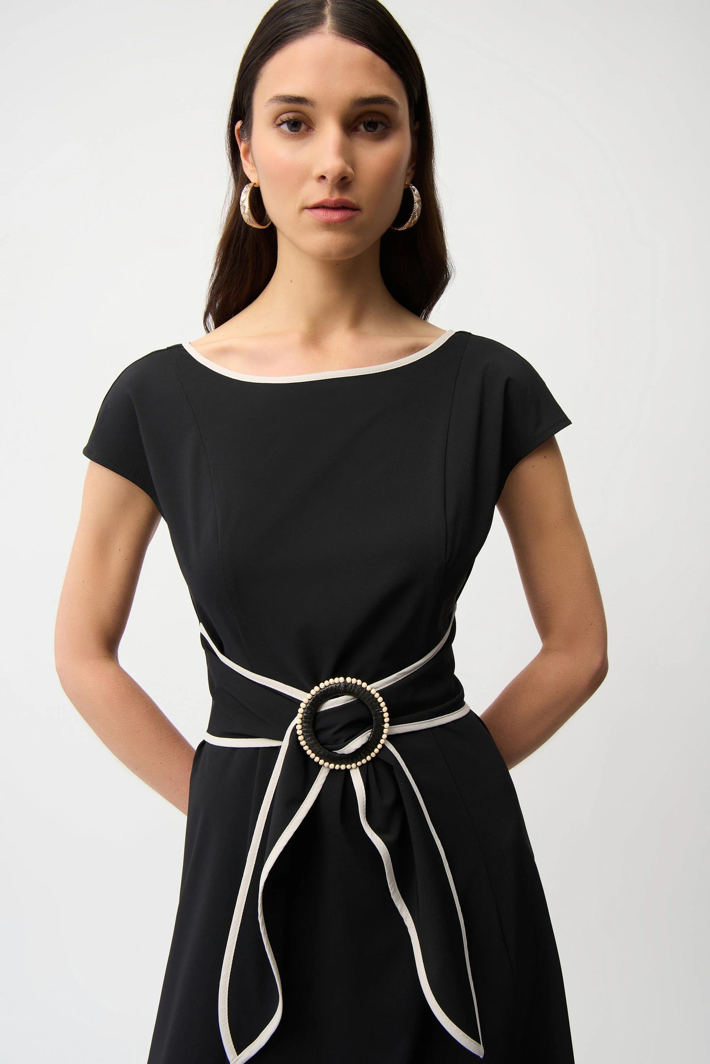JOSEPH RIBKOFF STRETCH WOVEN COLOR BLOCK FIT AND FLARE DRESS WITH SASH
