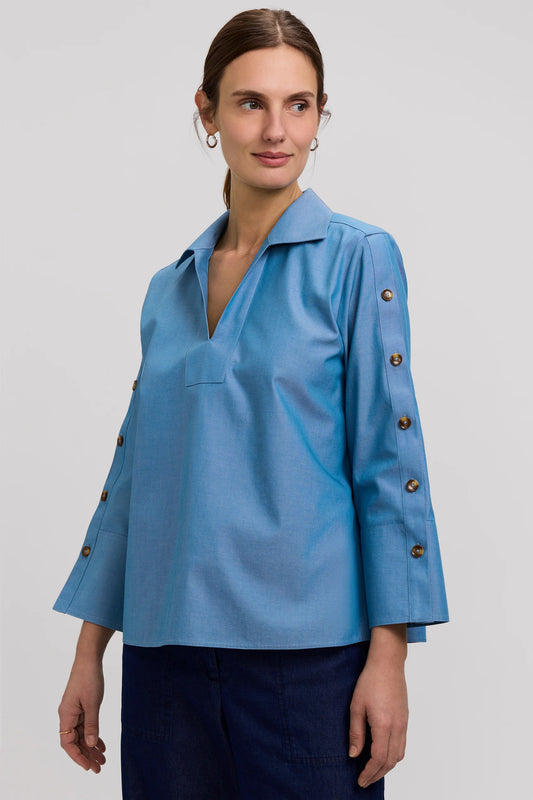 Foxcroft Lainey Button 3/4 Sleeve Pinpoint