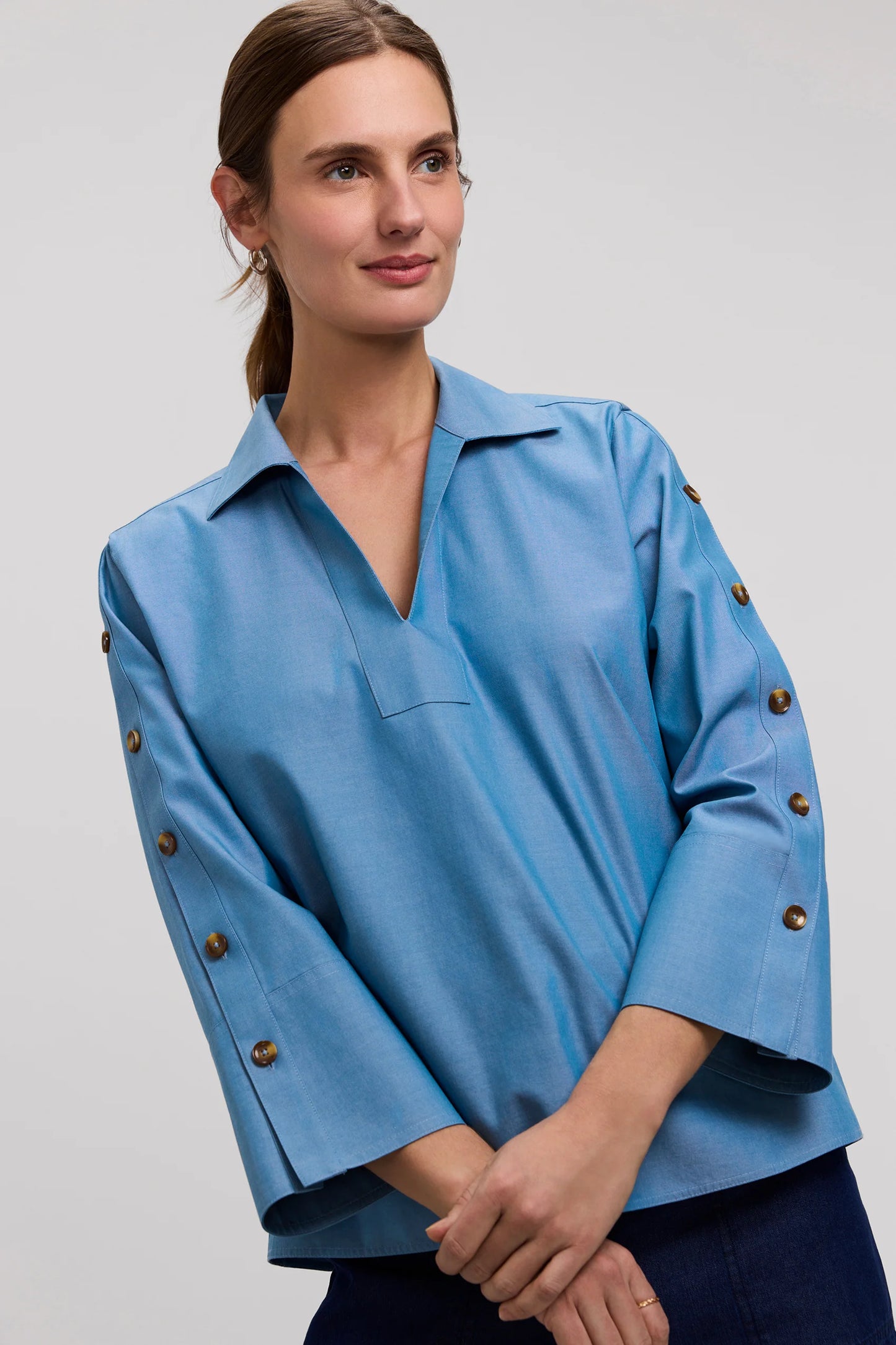 Foxcroft Lainey Button 3/4 Sleeve Pinpoint