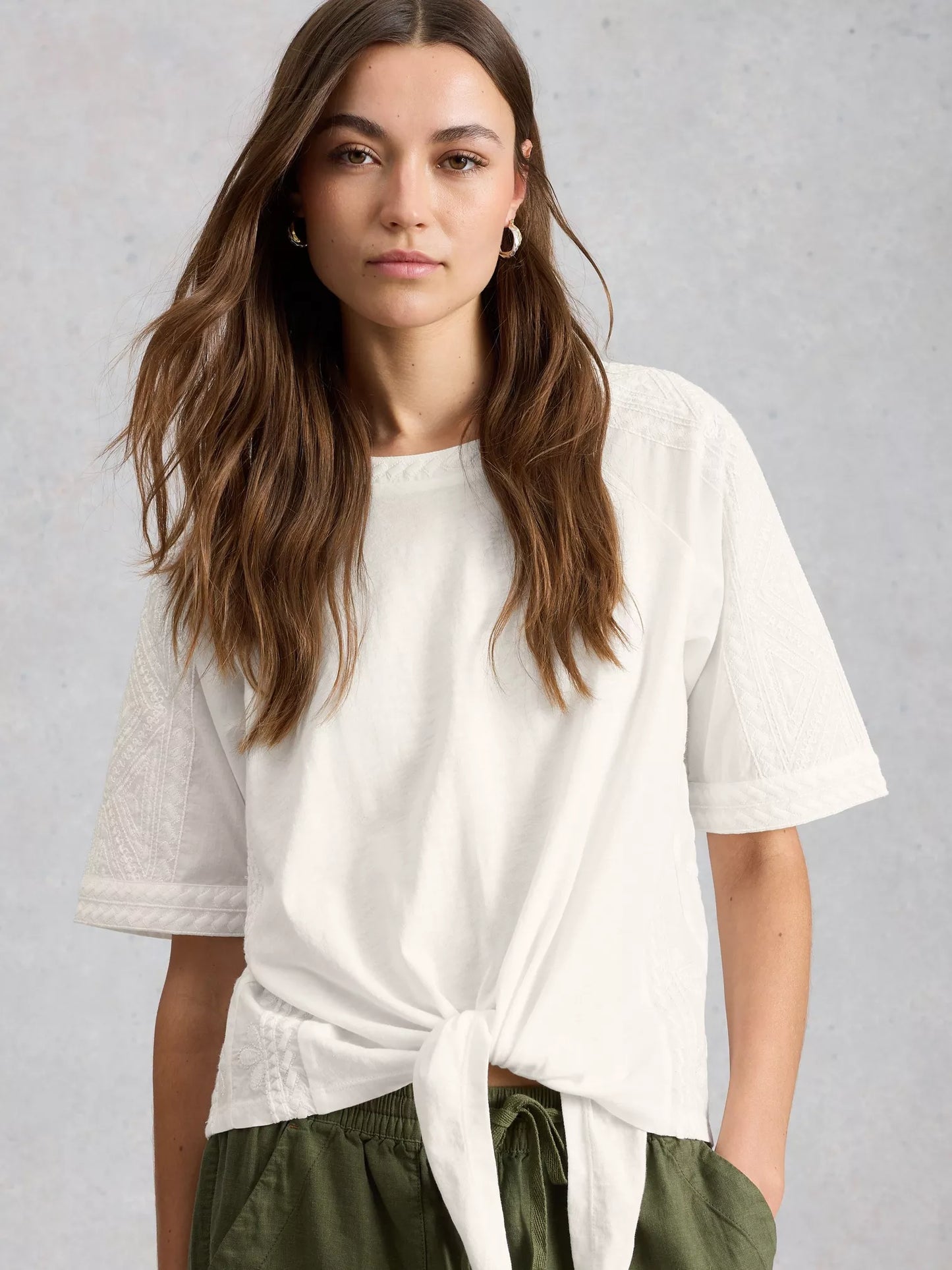 White Stuff Embroidered Tie Hem Top