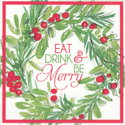 BE MERRY WREATH COCKTAIL NAPKINS