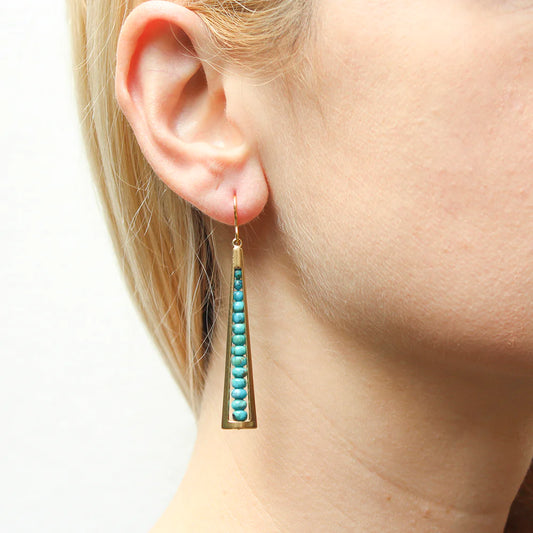 MARJORIE BAER LONG CUTOUT WITH TURQUOISE BEAD STACK WIRE EARRINGS