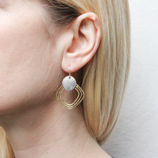 Marjorie Baer  Large Disc with Hammered Square Rings Wire Earrings