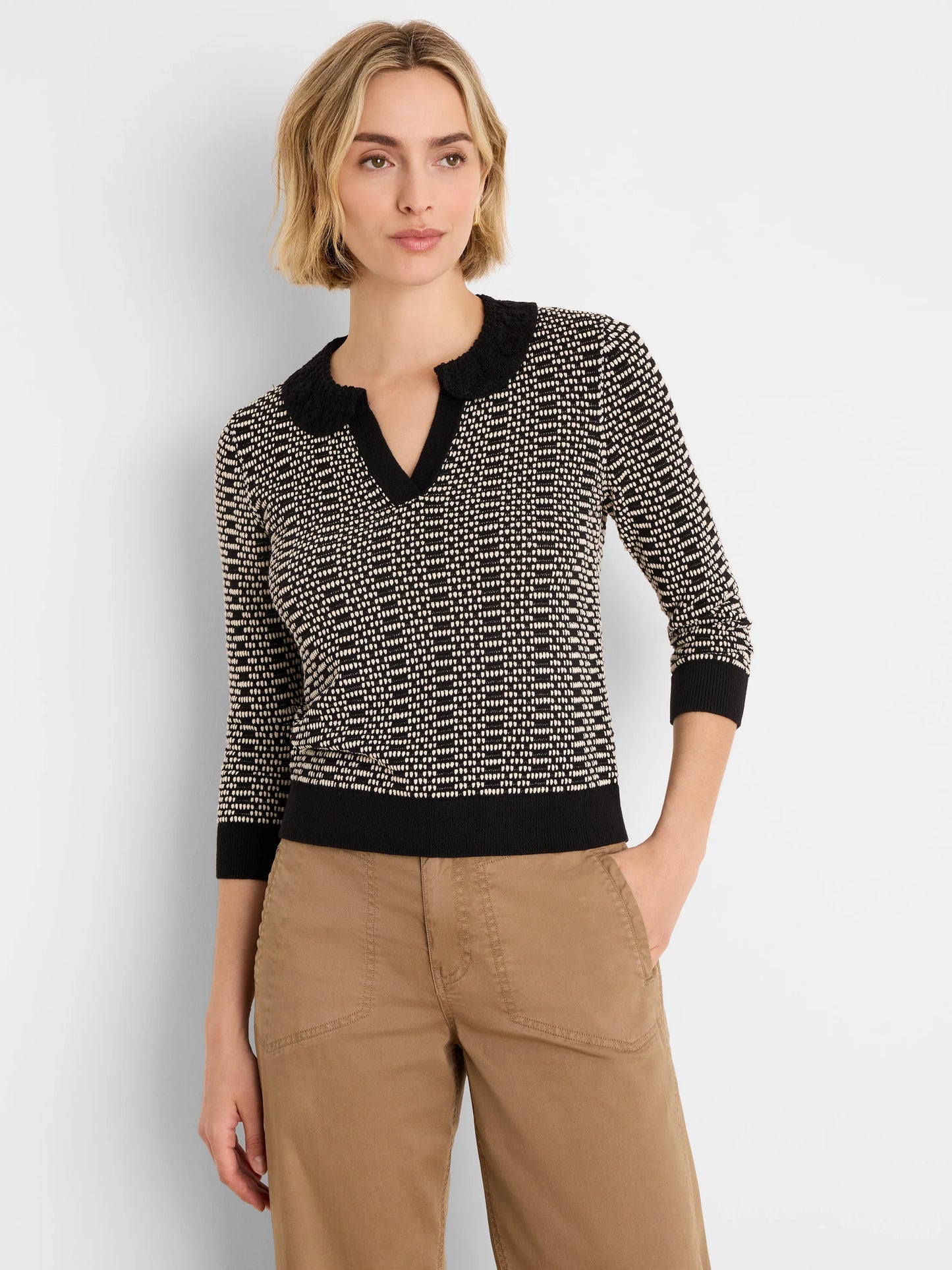 NIC + ZOE Lace Trim Geo Stitch Sweater
