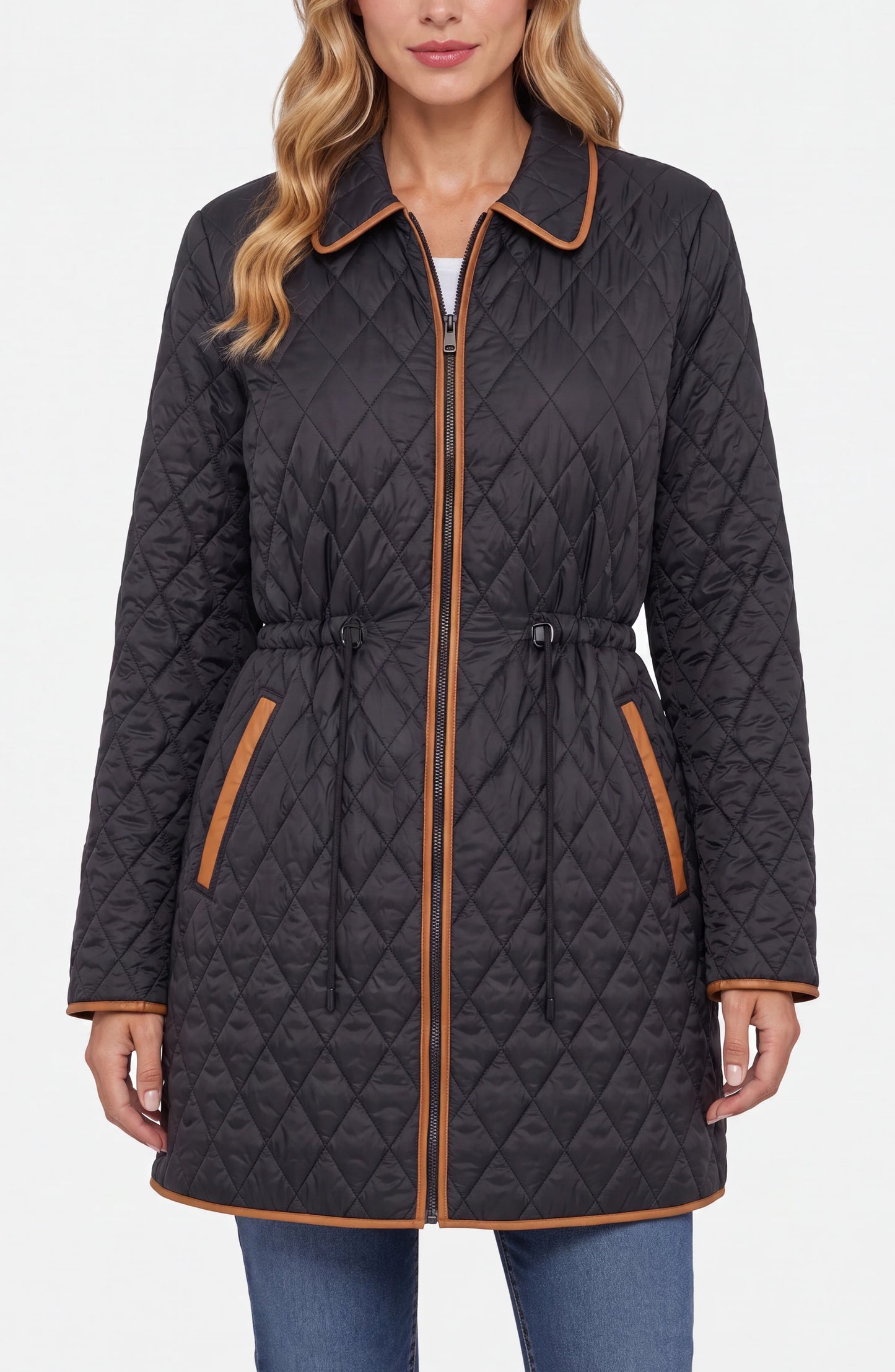 Liverpool Zip Front Quilted Coat with Cinched Waist