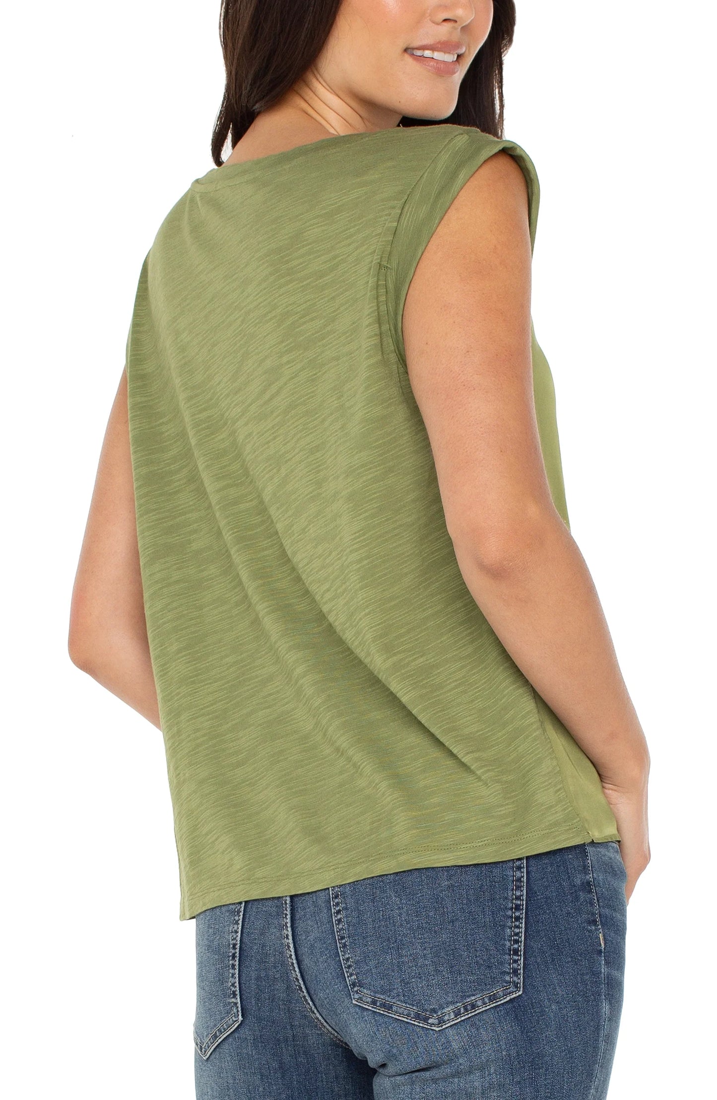 LIVERPOOL SLEEVELESS WOVEN TO KNIT TOP