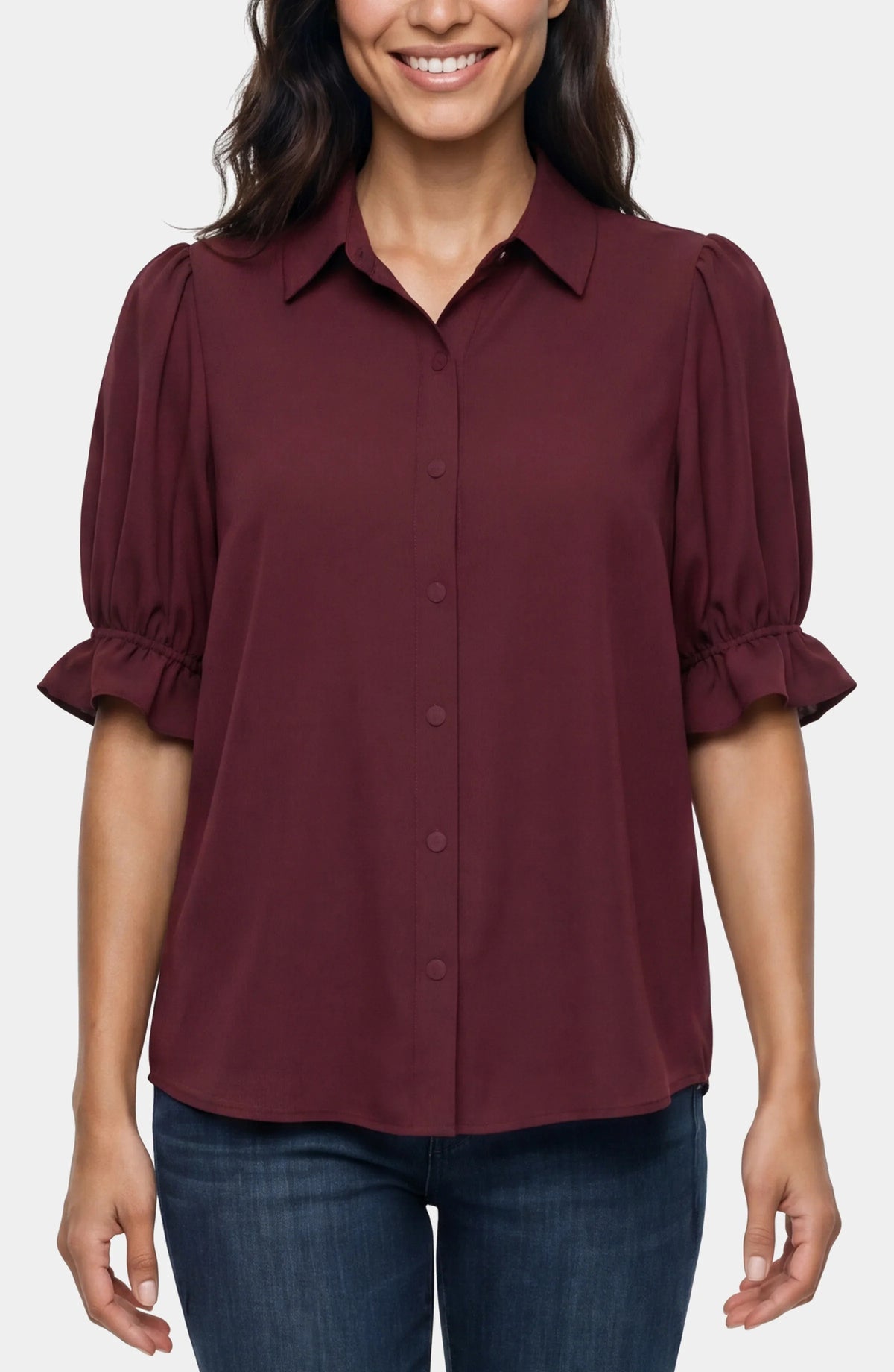 Liverpool Elbow Puff Sleeve Snap Front Knit Shirt