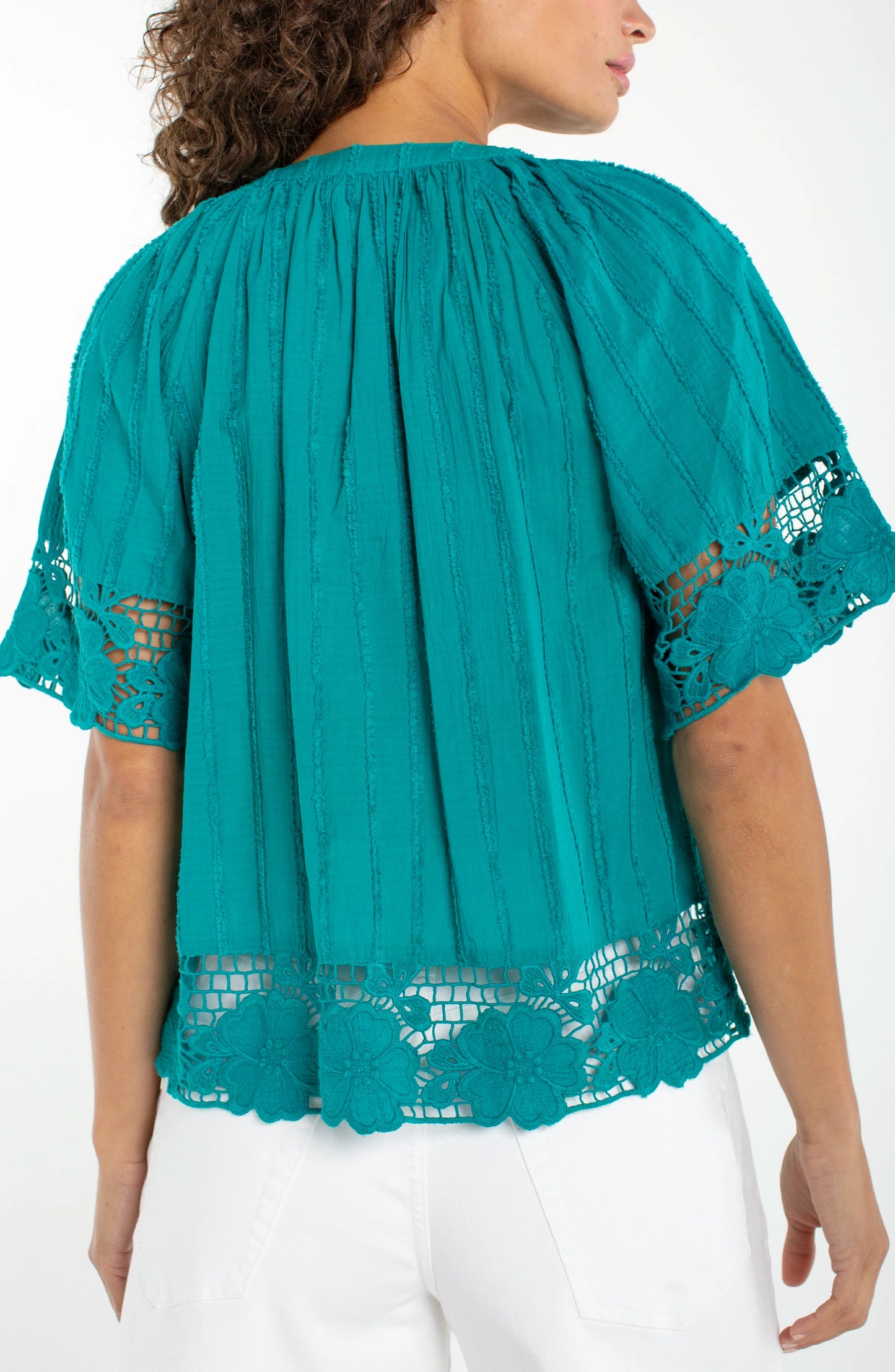 Liverpool Short Sleeve Woven Top with Lace