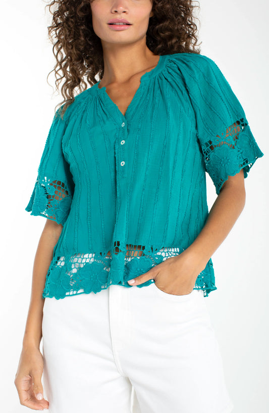 Liverpool Short Sleeve Woven Top with Lace