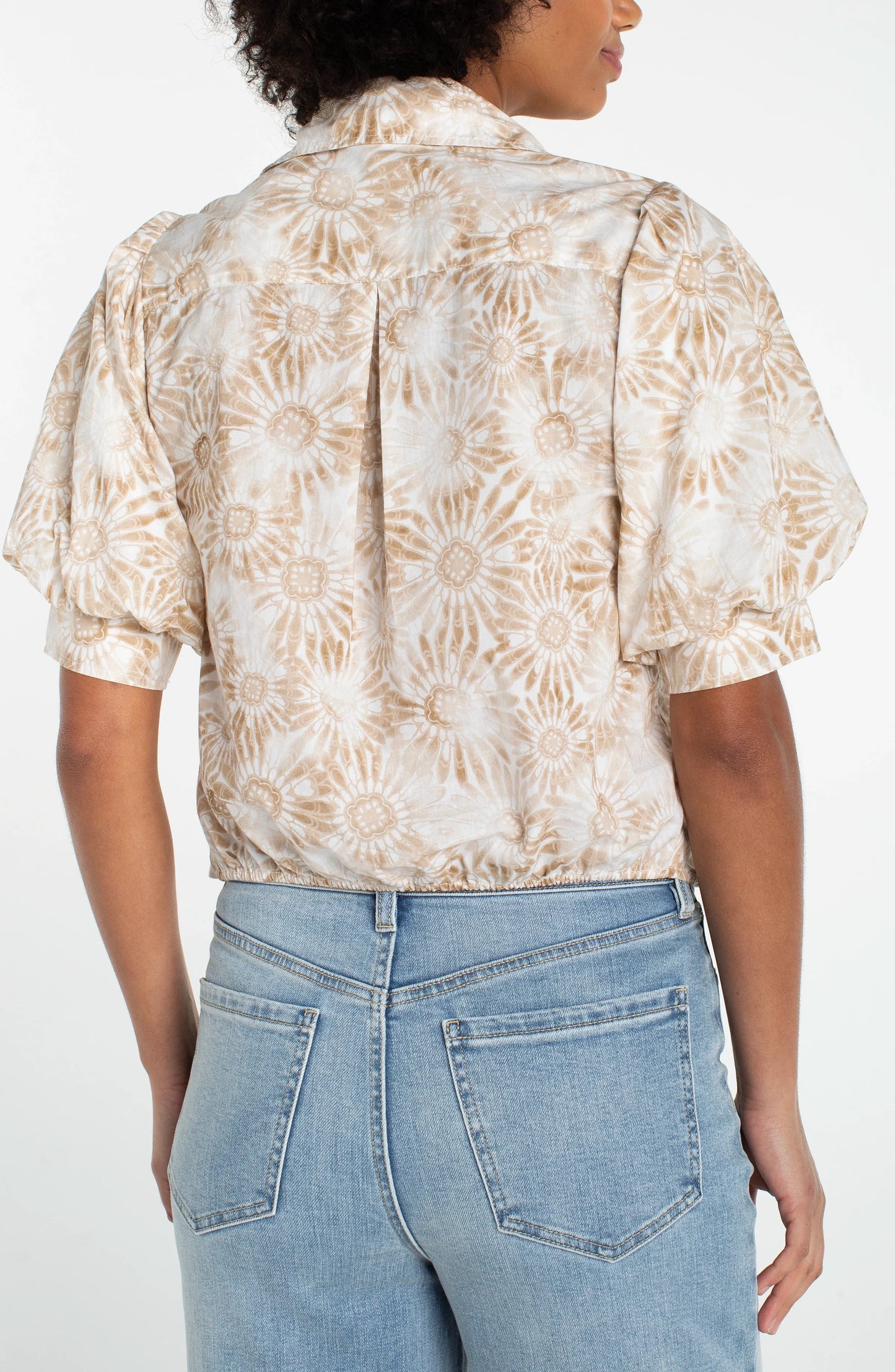 Liverpool Puff Sleeve Button Front Woven Top with Twist