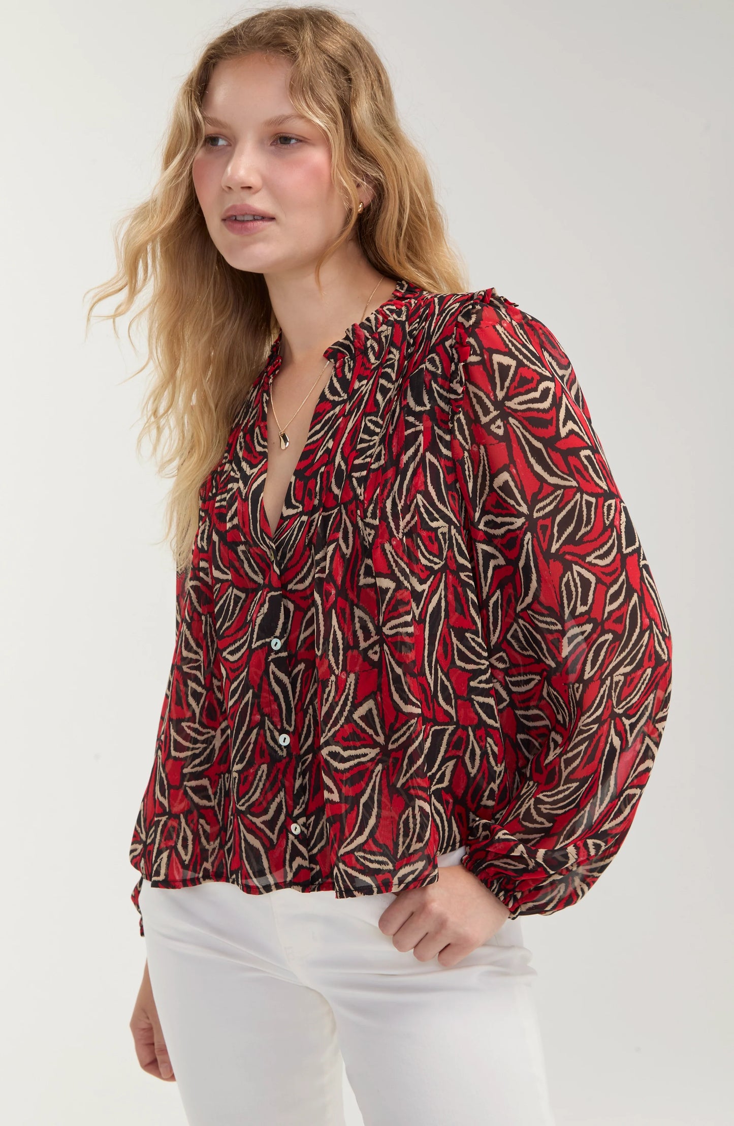 Liverpool Long Sleeve Woven Blouse with Pintucks