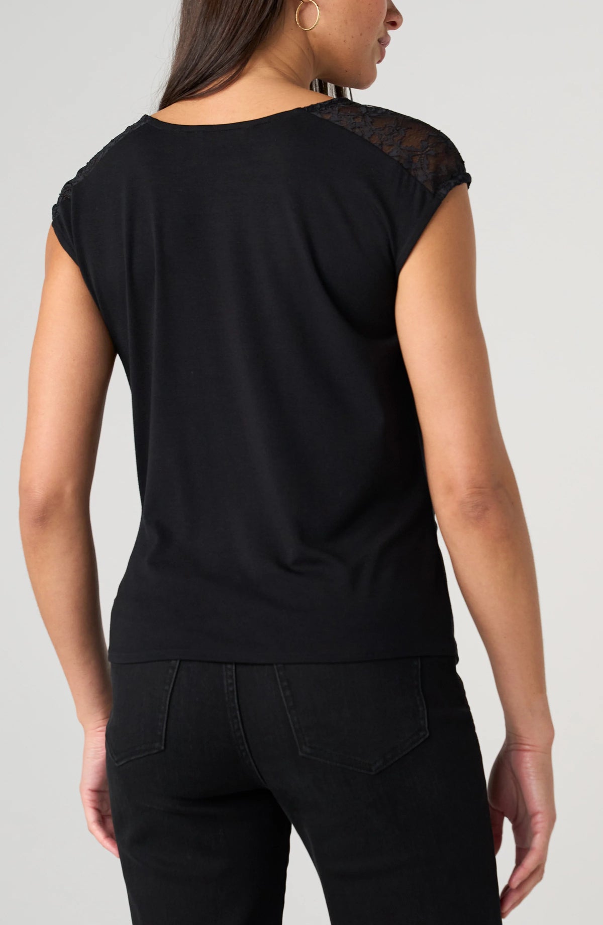 Liverpool Draped Neck Sleeveless Knit Top with Lace