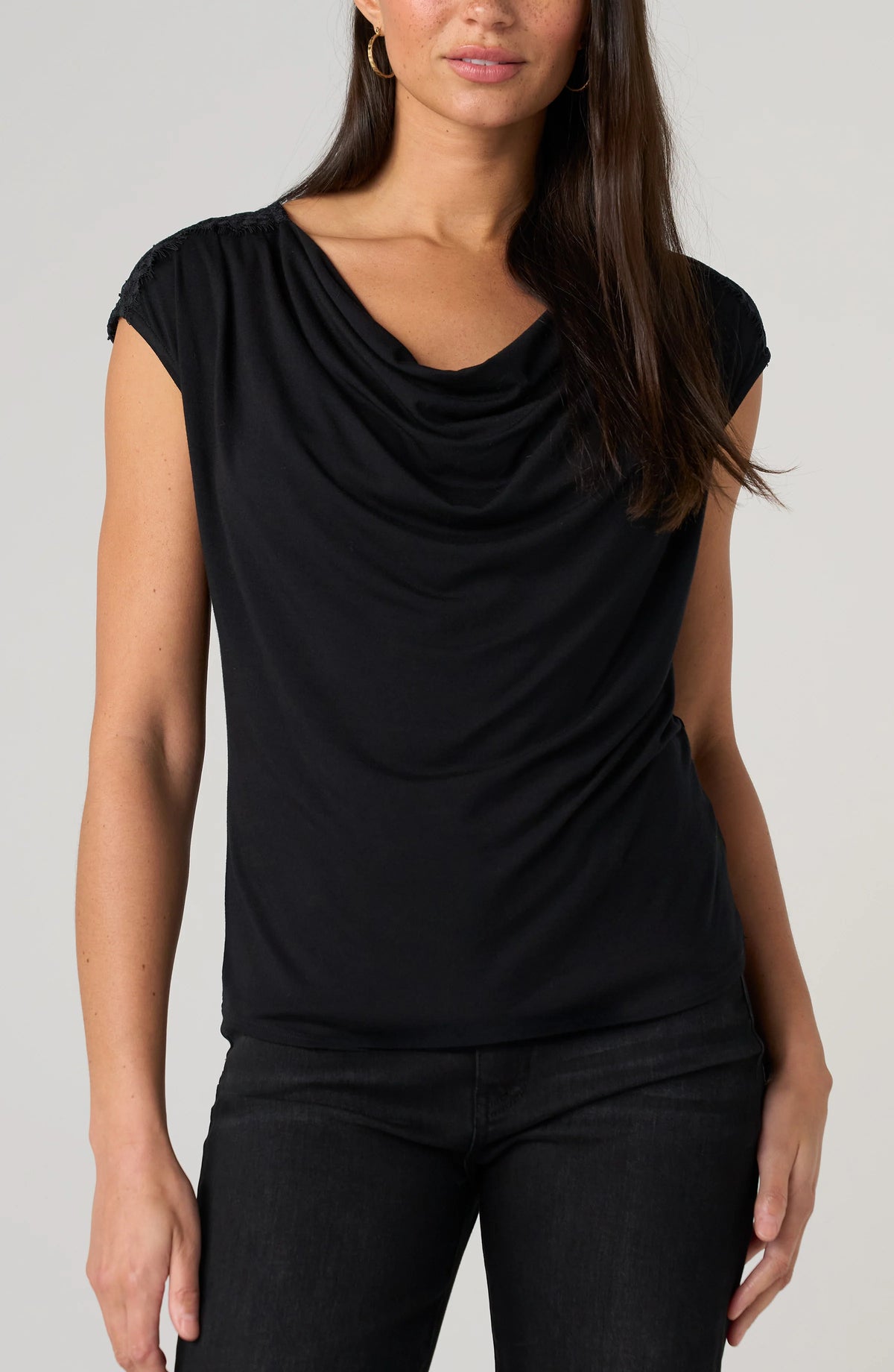 Liverpool Draped Neck Sleeveless Knit Top with Lace