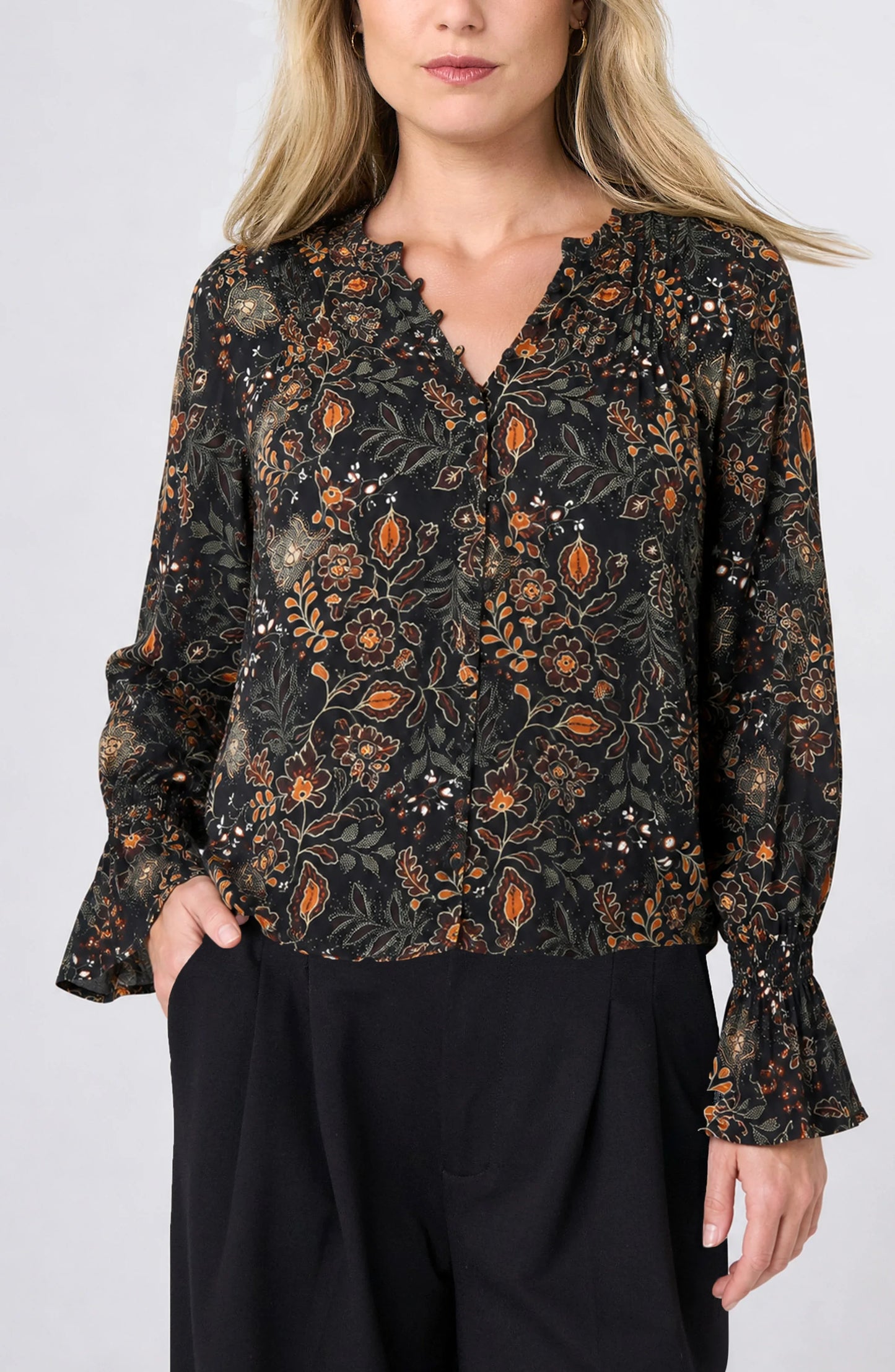 Liverpool Long Sleeve Woven Blouse with Pinktucks