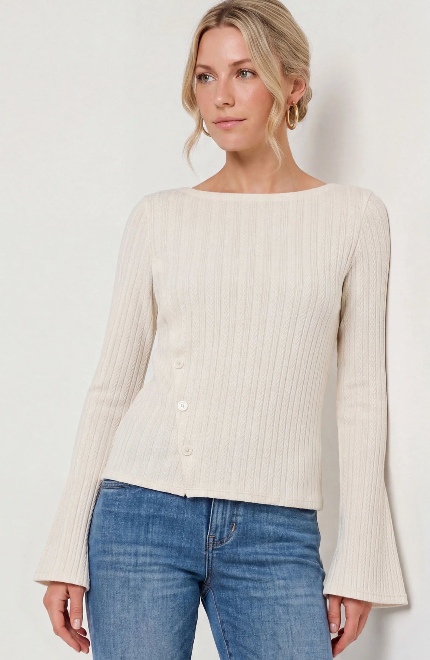 Liverpool Long Sleeve Boat Neck Top with Asymmetrical Button