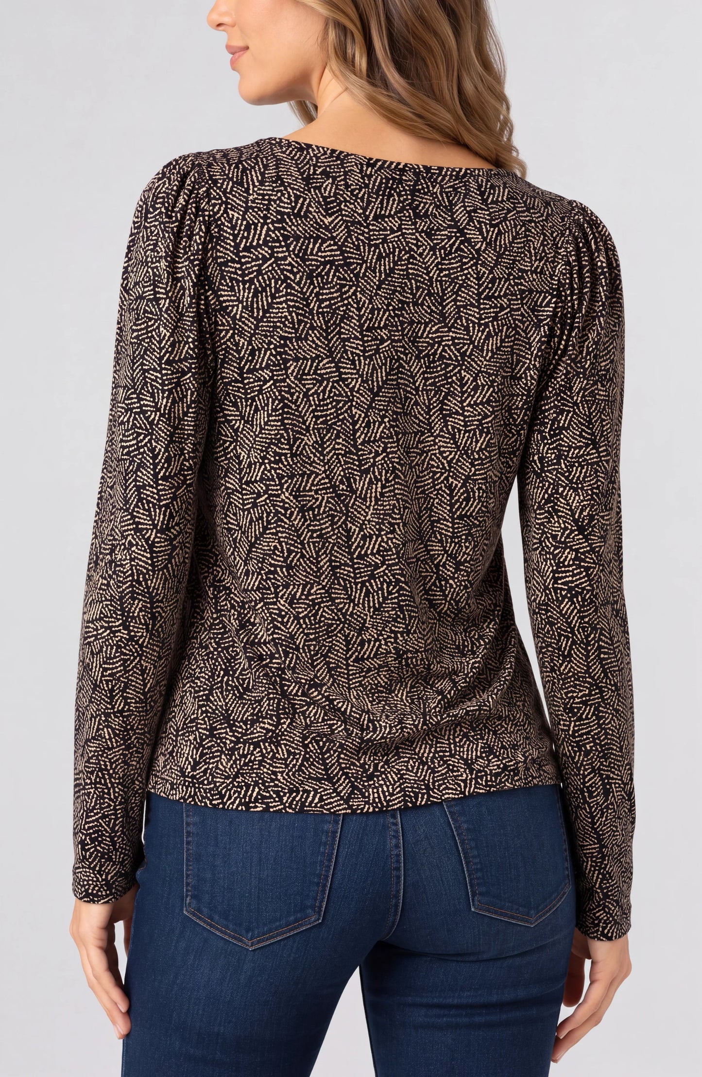 Liverpool Long Sleeve Jewel Neck Knit Top with Shirring