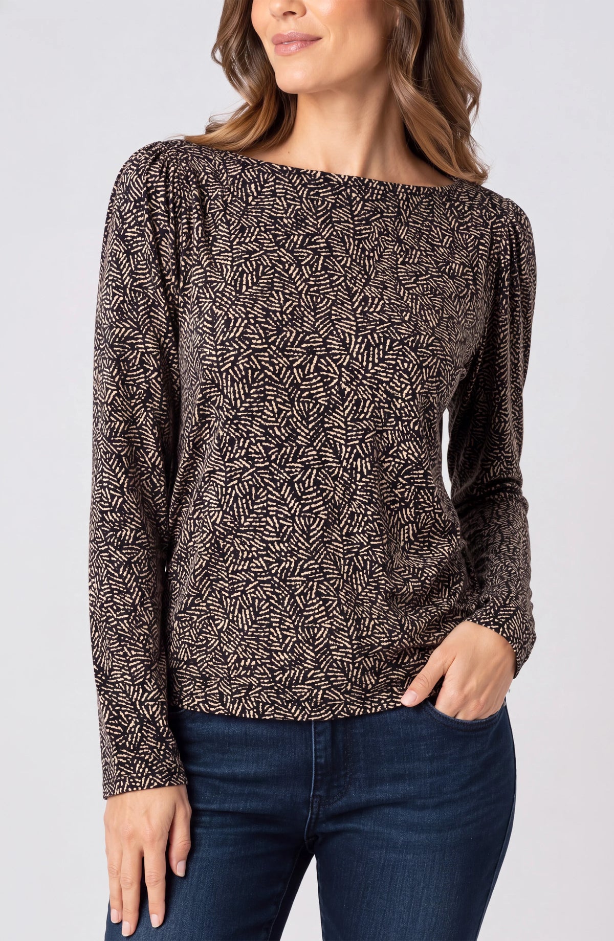 Liverpool Long Sleeve Jewel Neck Knit Top with Shirring