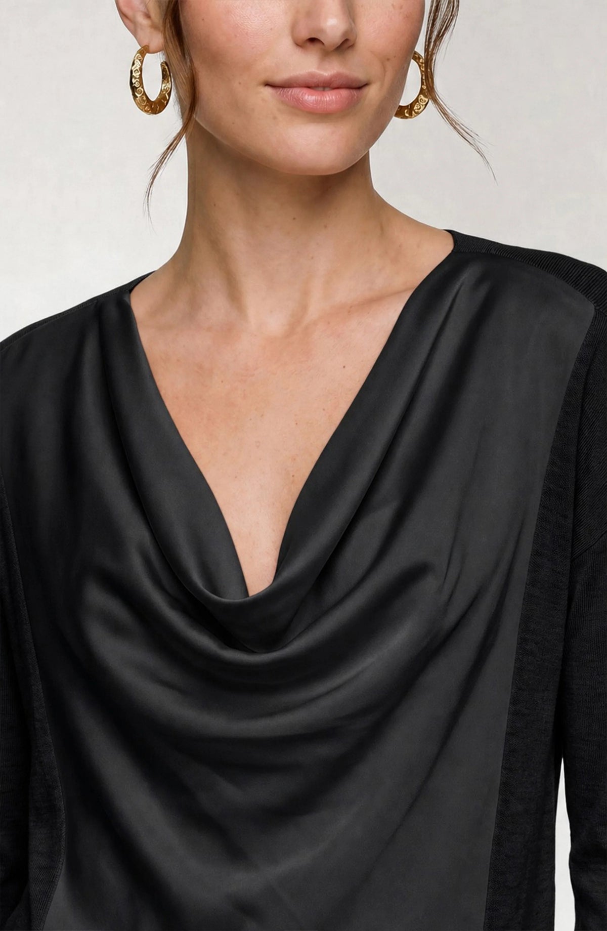 Liverpool Long Sleeve Drape Neck Woven Sweater Hybrid