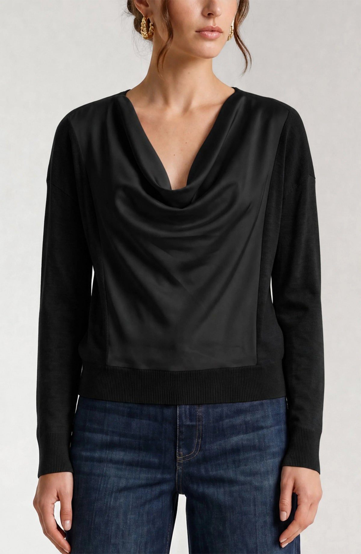 Liverpool Long Sleeve Drape Neck Woven Sweater Hybrid