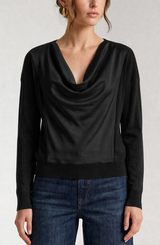 Liverpool Long Sleeve Drape Neck Woven Sweater Hybrid