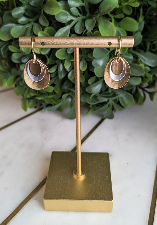 MARJORIE BAER LAYERED GOLD AND SILVER OVALS EARRINGS