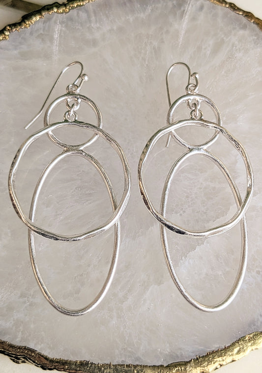 SILVER ROUND AND OVAL DANGLE EARRINGS