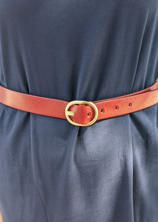 RED LEATHER BELT WITH GOLD BUCKLE