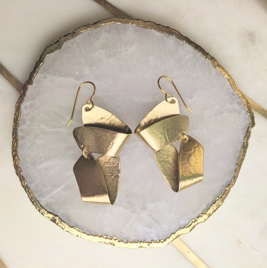 MARJORIE BAER ABSTRACT BRASS DANGLY EARRINGS