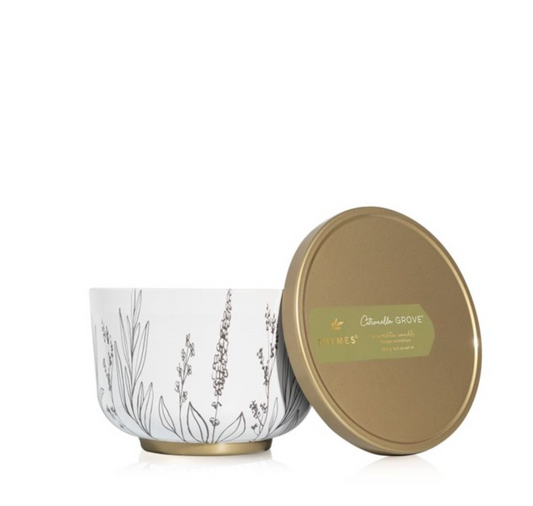 CITRONELLA GROVE CANDLE TIN, GOLD LID