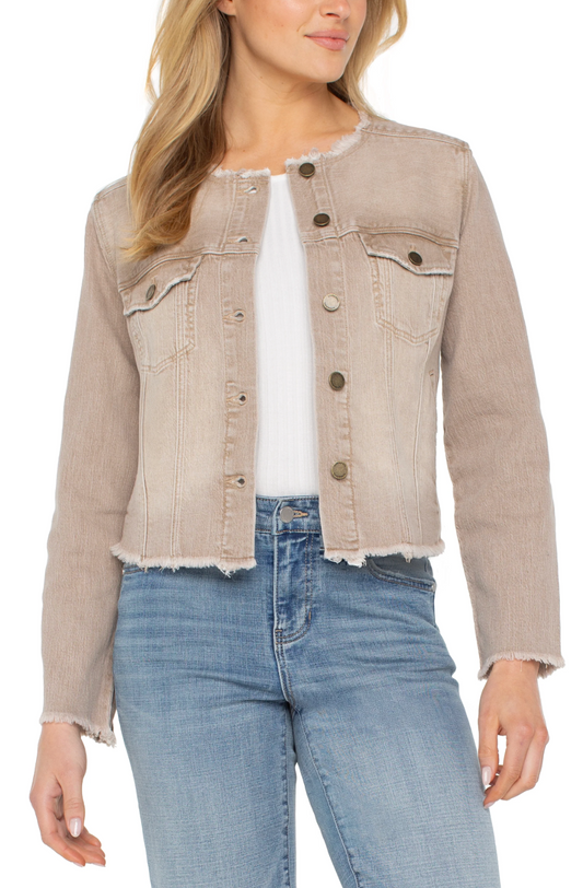 LIVERPOOL COLLARLESS JEAN JACKET WITH FRAY HEM