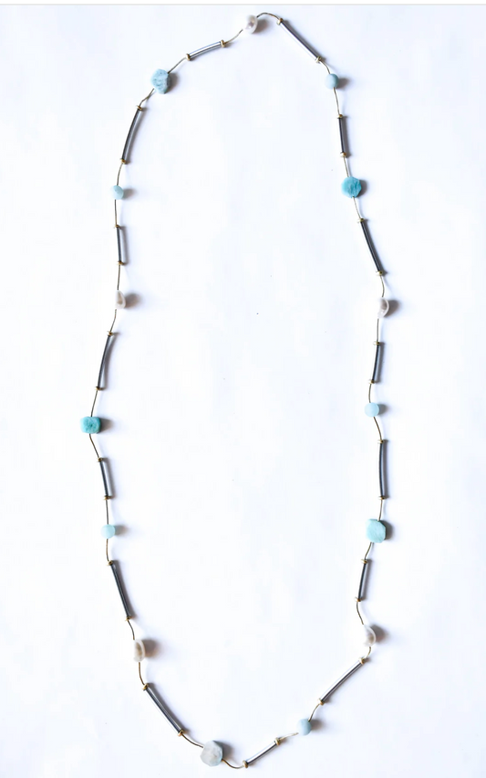 SEA LILY AMAZONITE JADE, AND PEARL LONG NECKLACE