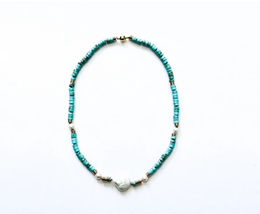 SEA LILY TURQUOISE BEADS WITH FRESHWATER PEARLS NECKLACE