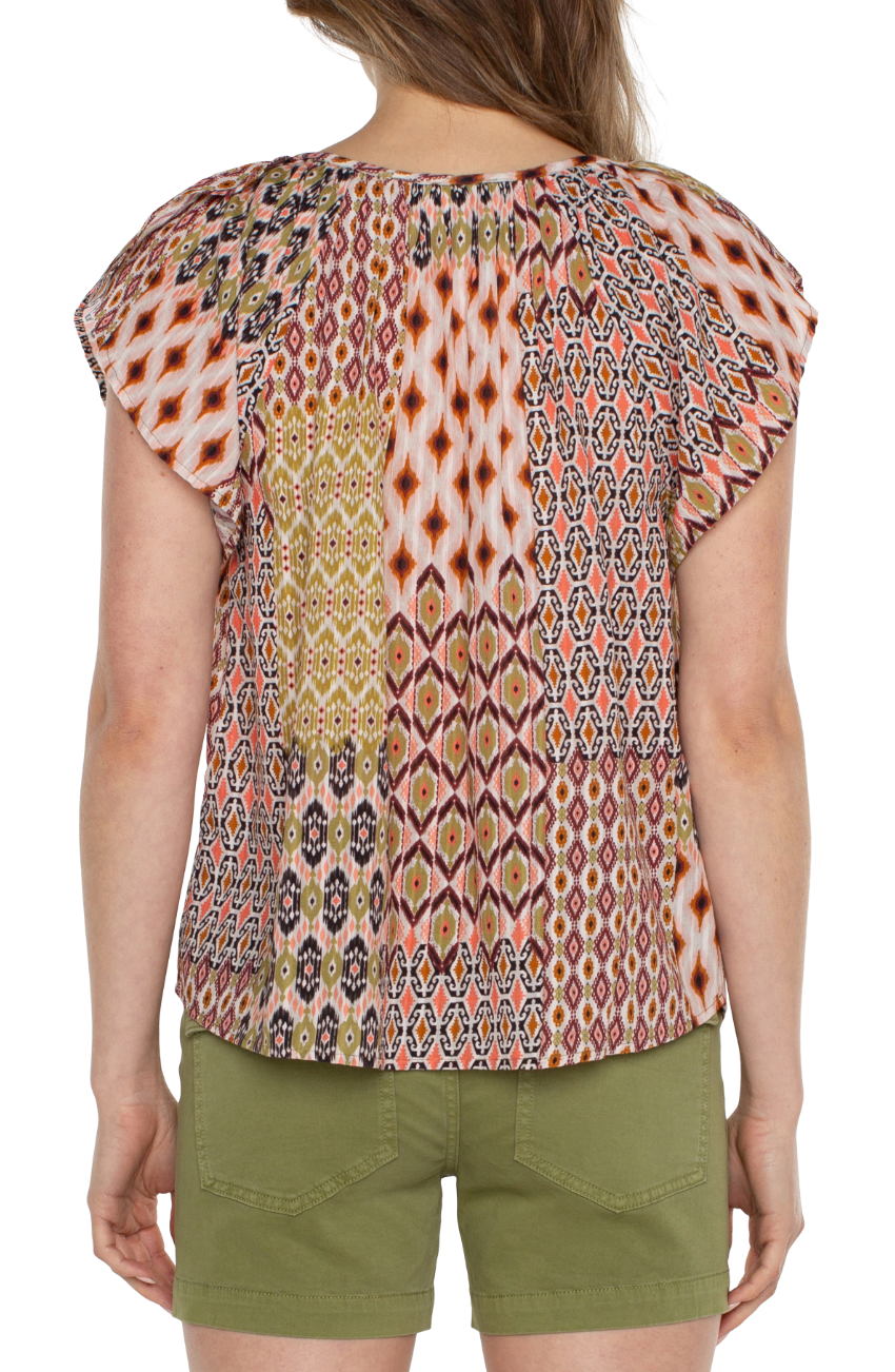 LIVERPOOL FLUTTER SLEEVE WOVEN TOP WITH FRONT TIE