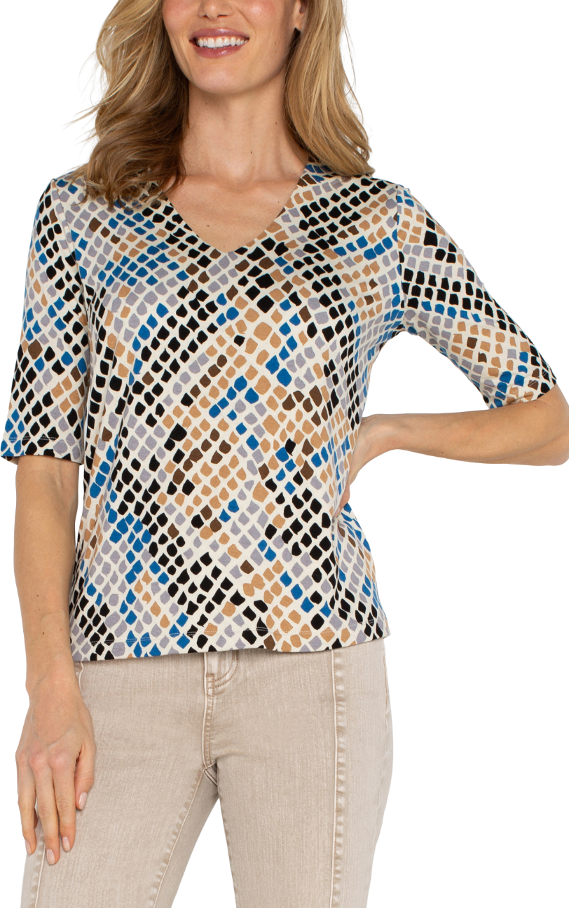 LIVERPOOL 1/2 SLEEVE V NECK DOUBLE LAYER FRONT KNIT TOP