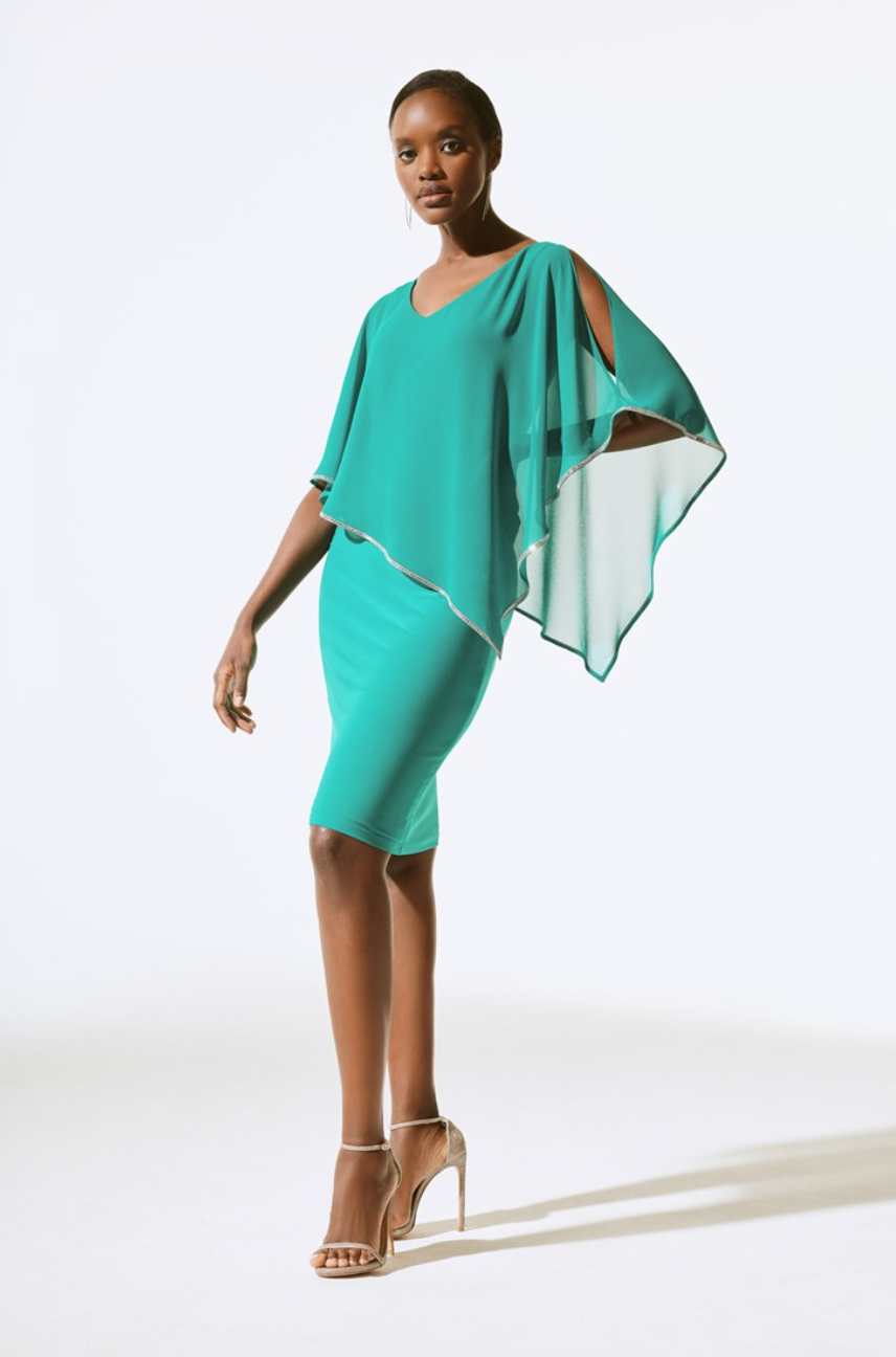 JOSEPH RIBKOFF CHIFFON AND SILKY KNIT PONCHO DRESS
