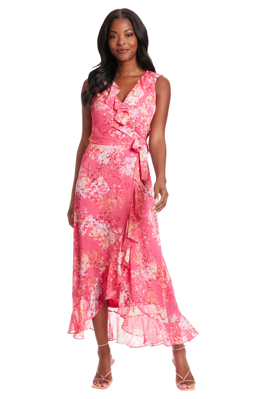 LONDON TIMES SIDE TIE RUFFLE WRAP DRESS
