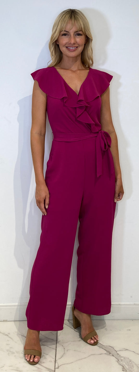 LONDON TIMES RUFFLE WRAP JUMPSUIT WITH SASH