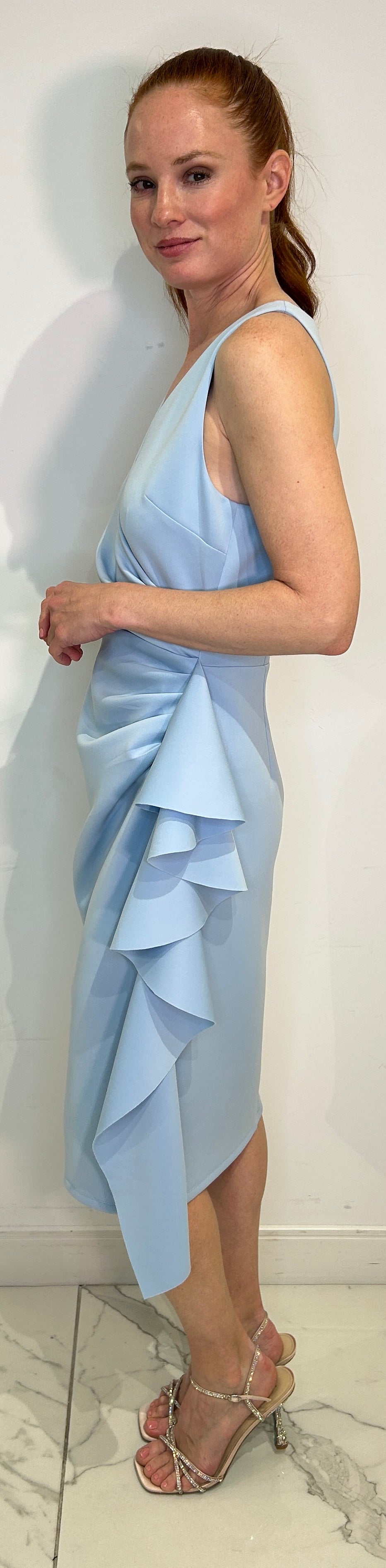 LONDON TIMES SIDE PLEATED CASCADE HALTER DRESS