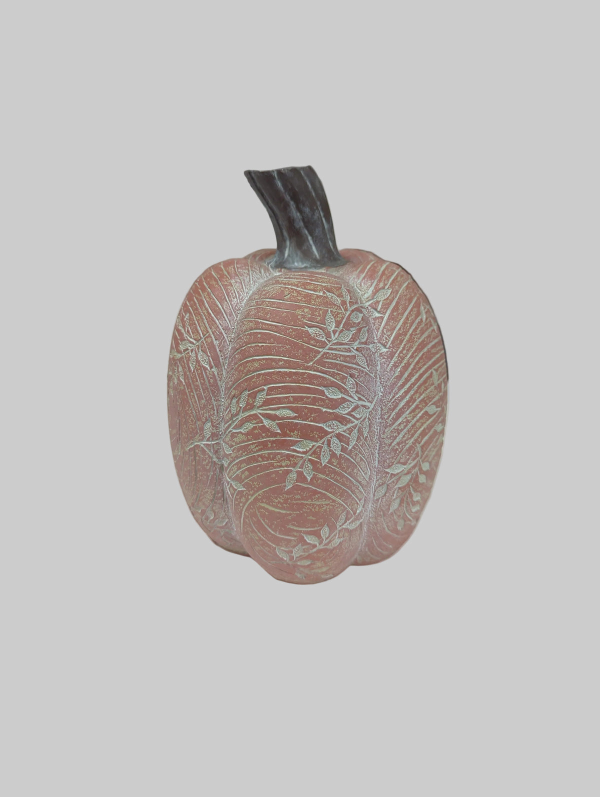 K&K Wood Grain and Floral Carved Resin Pumpkin