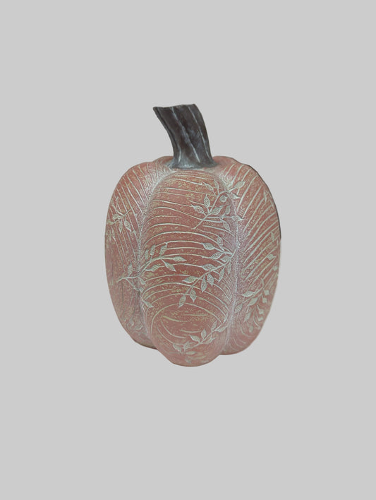 K&K Wood Grain and Floral Carved Resin Pumpkin