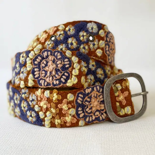 JENNY KRAUSS BLUE SKIES FLORAL EMBROIDERED WOOL BELT