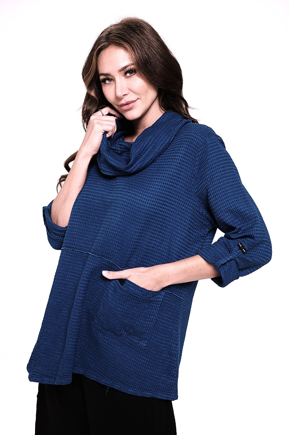 Focus Asymmeteric Cotton Waffle Cowl Neck Tunic Top