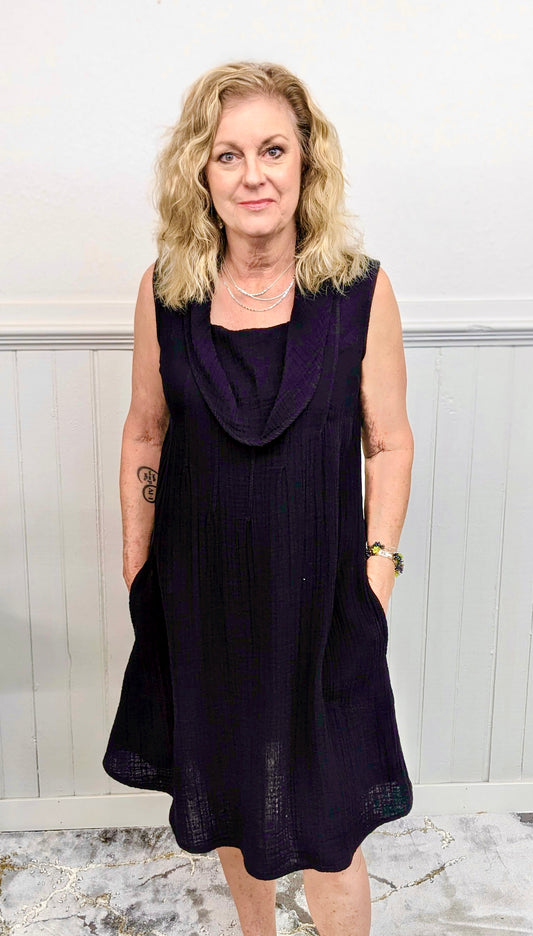 COWL NECK PINTUCK DRESS