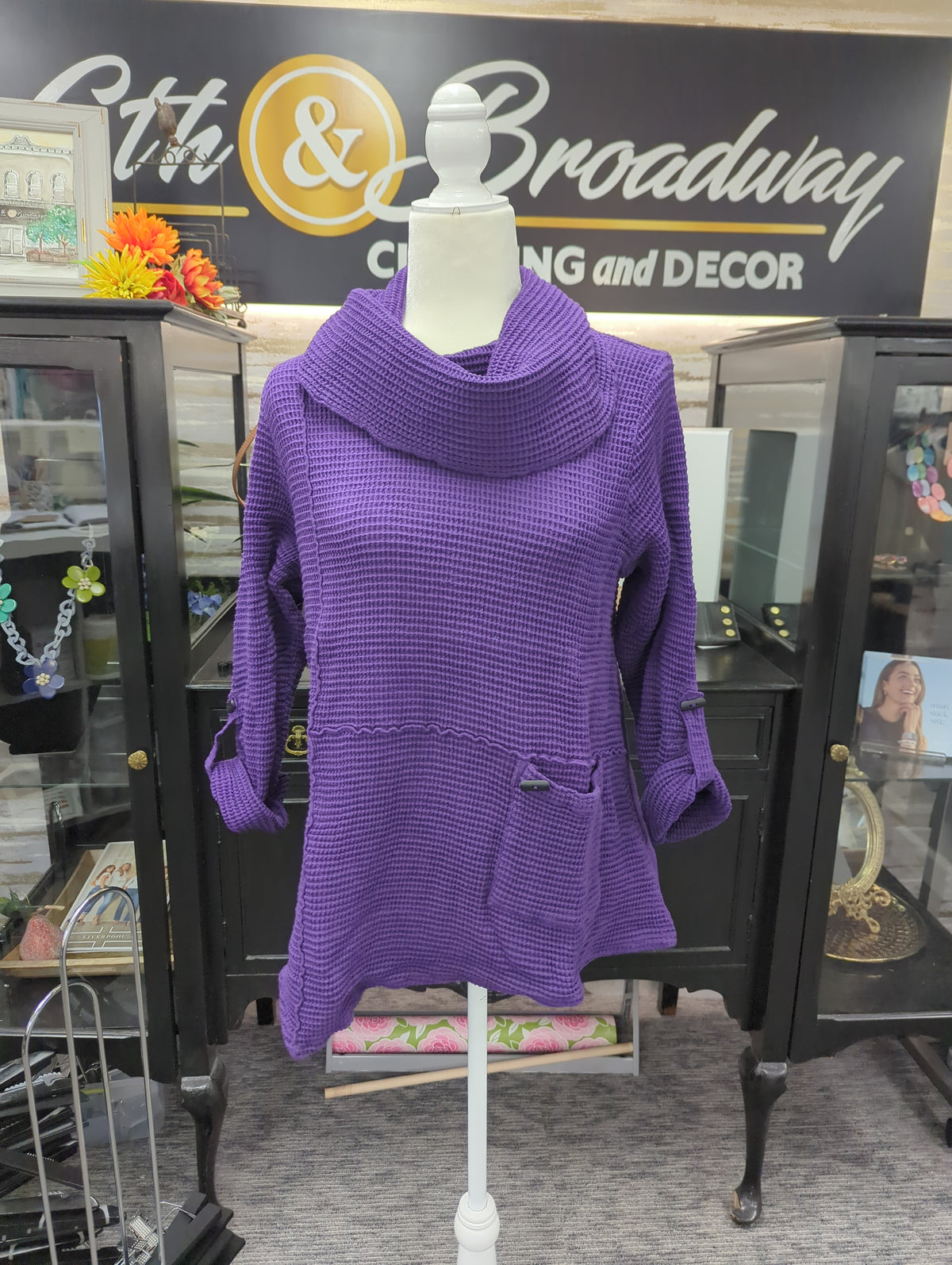 Focus Asymmeteric Cotton Waffle Cowl Neck Tunic Top