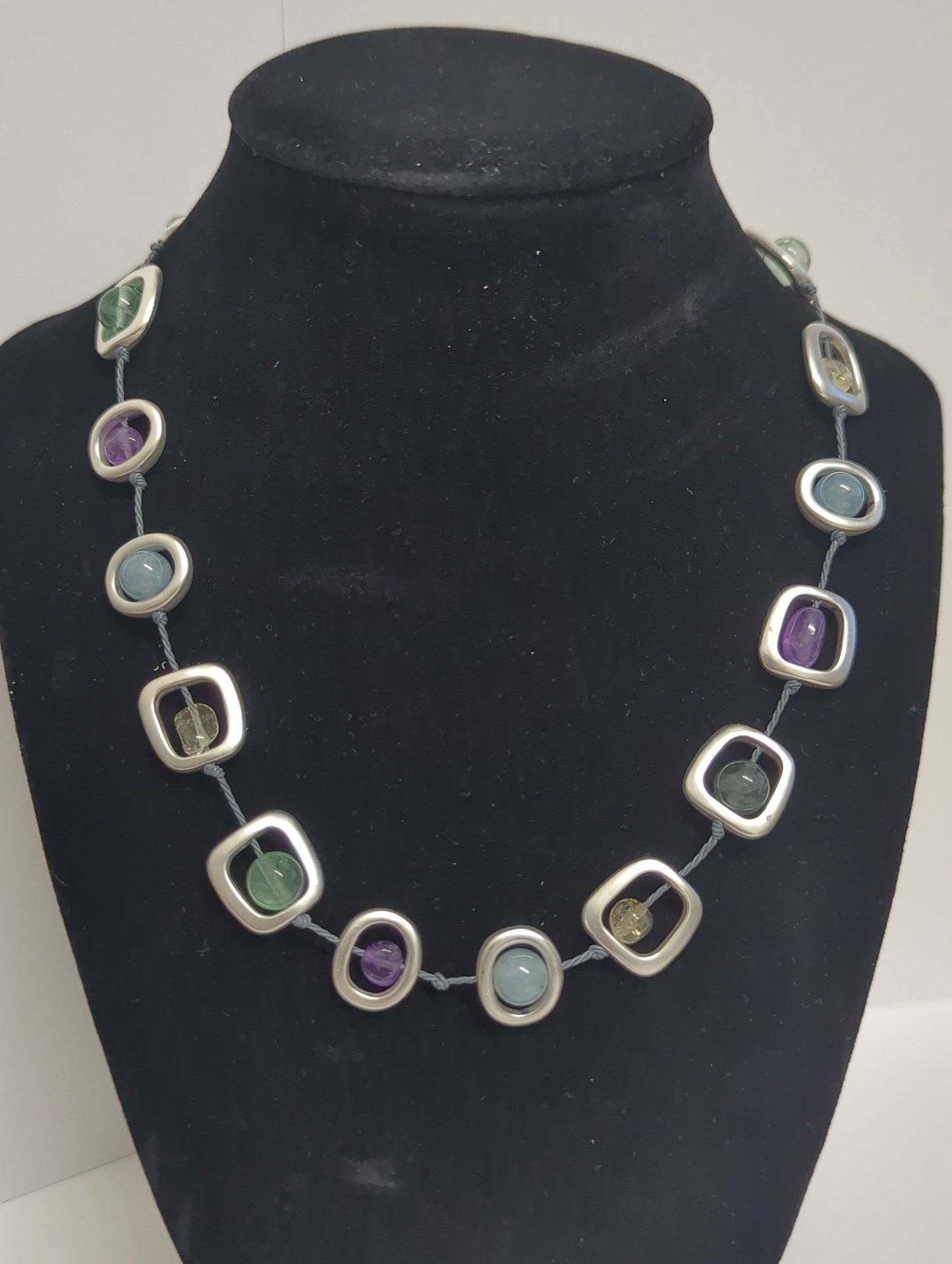 SEA LILY SILVER GEO SHORT NECKLACE ON TWINE WITH NATURAL STONES